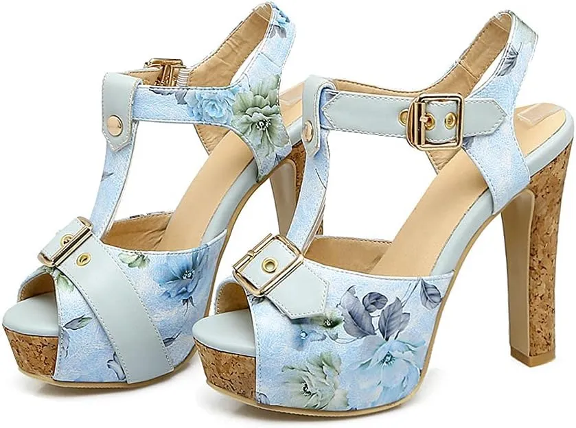 Shinelly Women Floral Peep Toe T-Strap Platform Chunky Block Heel Sandals High Heeled Sandal