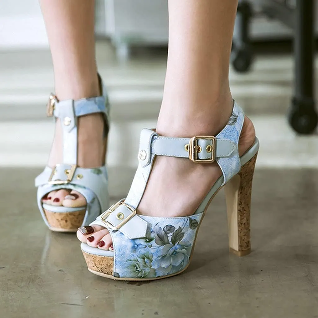 Shinelly Women Floral Peep Toe T-Strap Platform Chunky Block Heel Sandals High Heeled Sandal