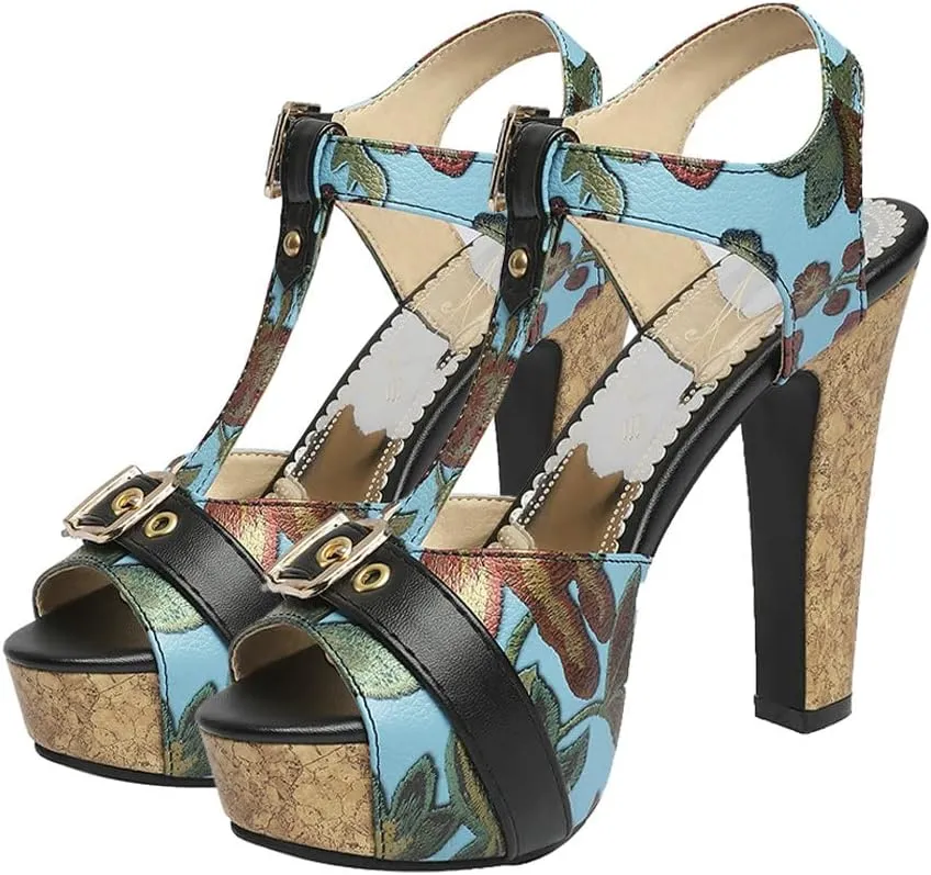 Shinelly Women Floral Peep Toe T-Strap Platform Chunky Block Heel Sandals High Heeled Sandal