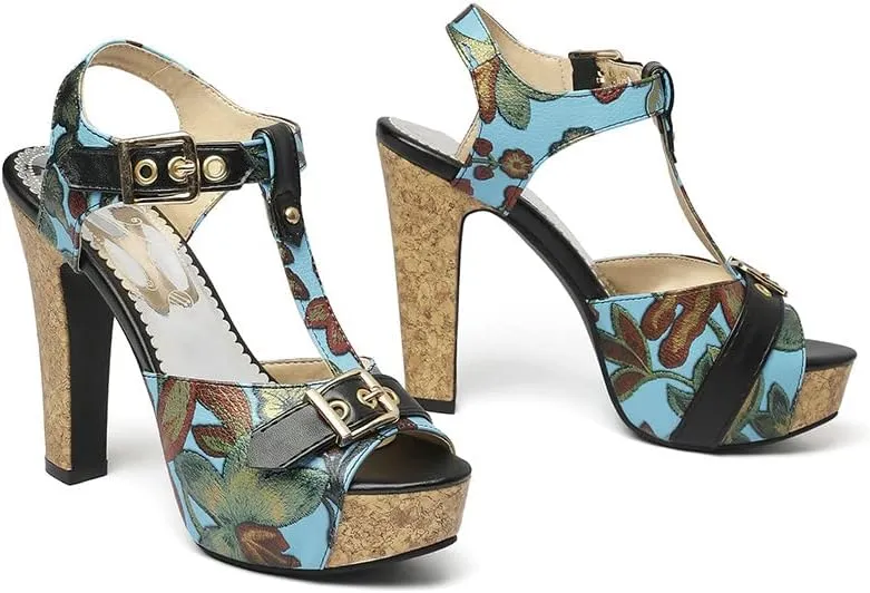 Shinelly Women Floral Peep Toe T-Strap Platform Chunky Block Heel Sandals High Heeled Sandal