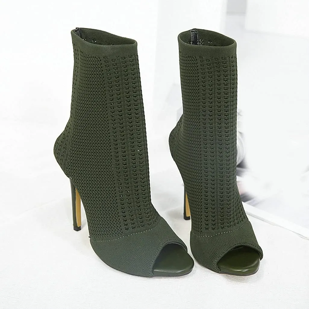 Shinelly Women Open Toe High Heel Booties Slip On Ankle Boots