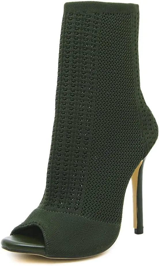 Shinelly Women Open Toe High Heel Booties Slip On Ankle Boots