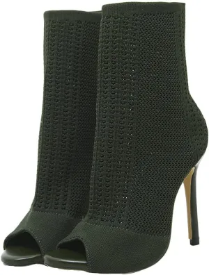 Shinelly Women Open Toe High Heel Booties Slip On Ankle Boots