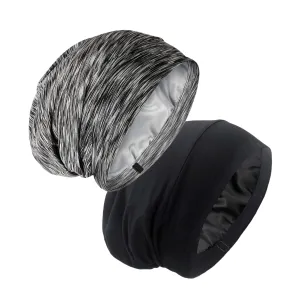 Silk Satin Lined Bonnet Sleep Cap - Adjustable Stay on All Night Hair Wrap Cover Slouchy Beanie for Curly Hair Protection for Women and Men - Black & Pink