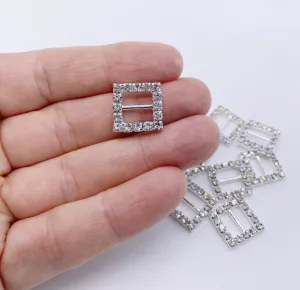 Silver Square Rhinestone Slider Buckles - 5pcs