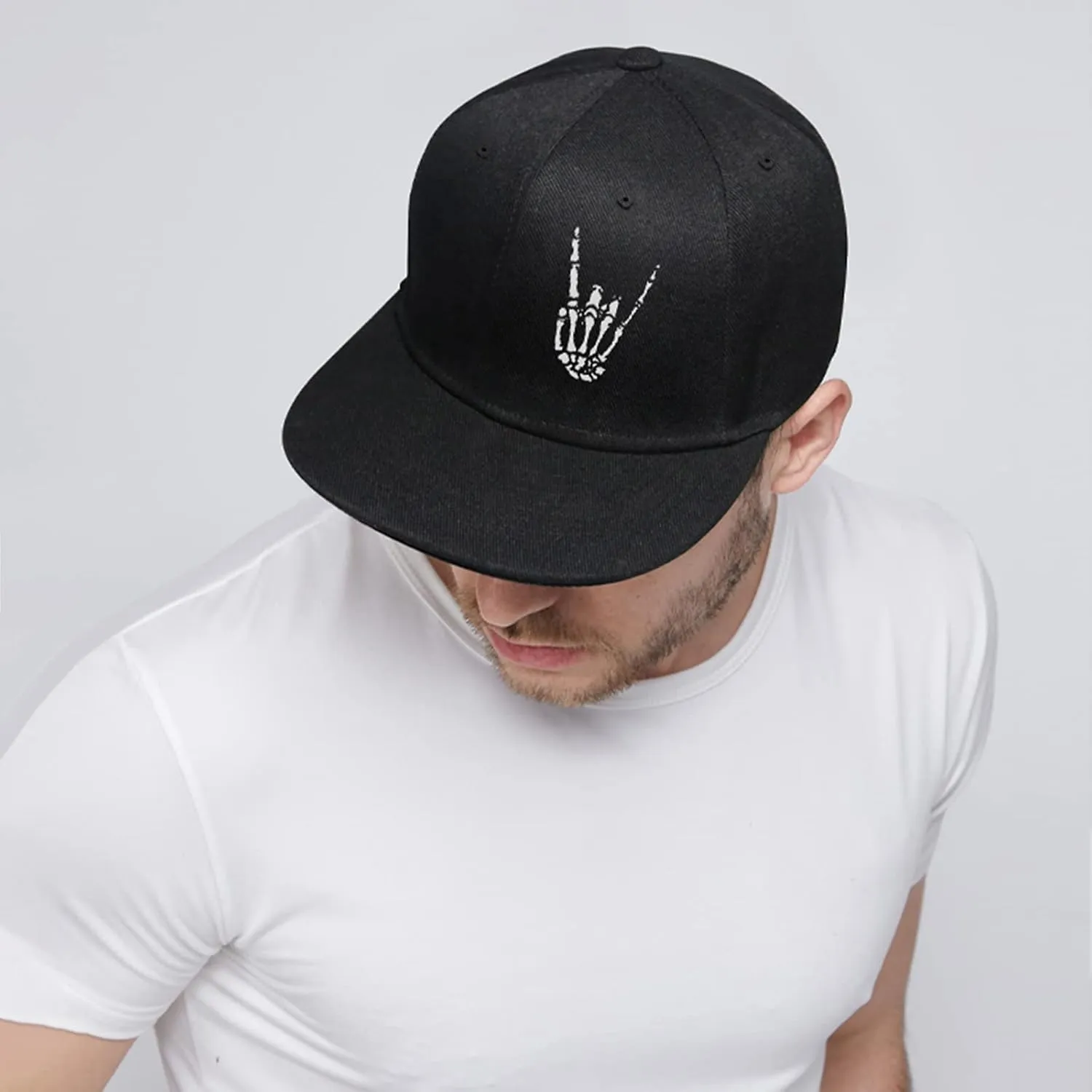 Skull Hat Snapback Hats for Men Boys Skeleton Cap Black Flat Bill Brim Trucker Snap Backpack Hat