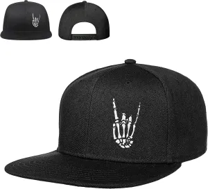 Skull Hat Snapback Hats for Men Boys Skeleton Cap Black Flat Bill Brim Trucker Snap Backpack Hat