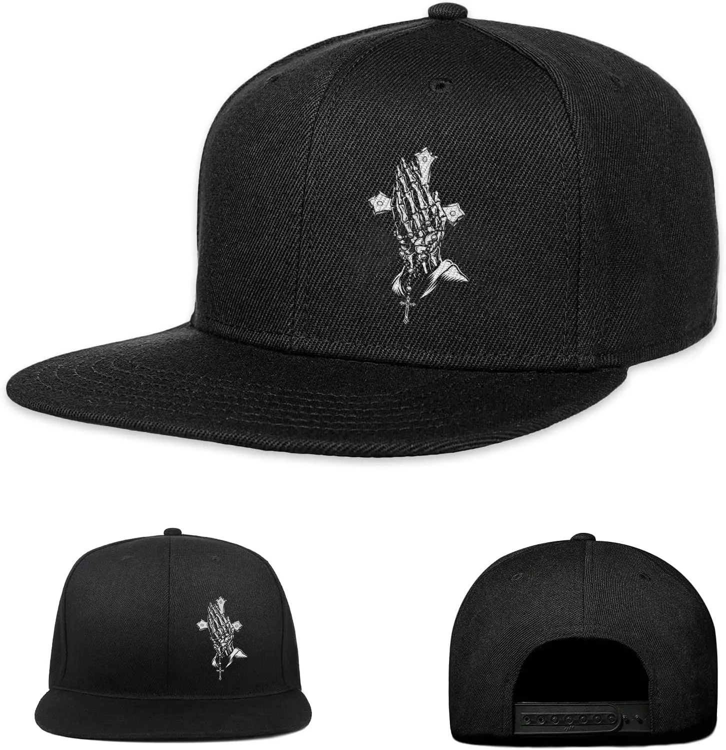 Skull Hat Snapback Hats for Men Boys Skeleton Cap Black Flat Bill Brim Trucker Snap Backpack Hat