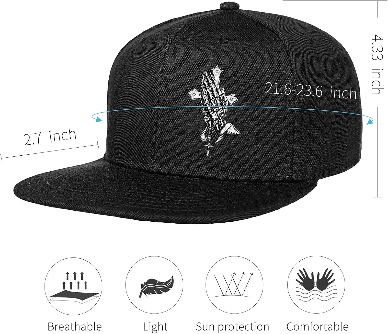 Skull Hat Snapback Hats for Men Boys Skeleton Cap Black Flat Bill Brim Trucker Snap Backpack Hat