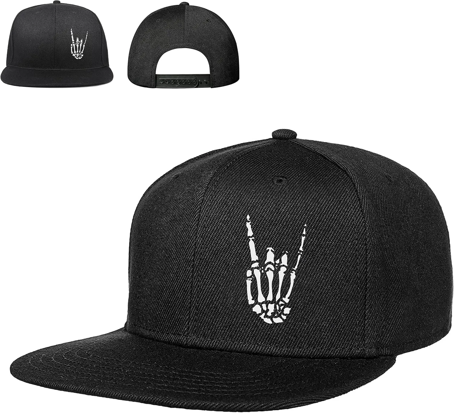 Skull Hat Snapback Hats for Men Boys Skeleton Cap Black Flat Bill Brim Trucker Snap Backpack Hat