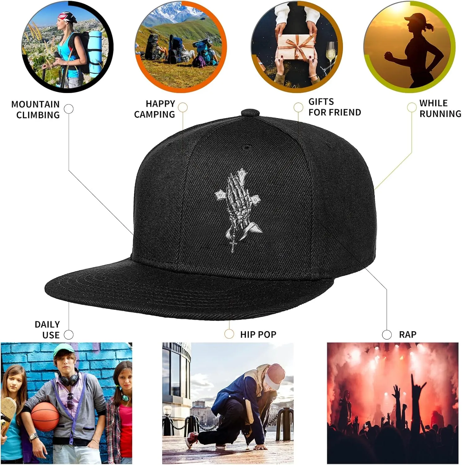 Skull Hat Snapback Hats for Men Boys Skeleton Cap Black Flat Bill Brim Trucker Snap Backpack Hat