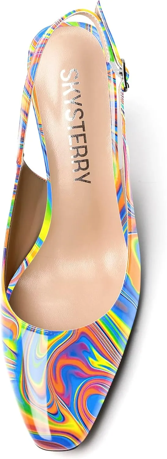 SKYSTERRY Women's Slingback Square Toe Patent Casual Dating Slip On Spool High Heel Pumps Shoes 3.3 Inch