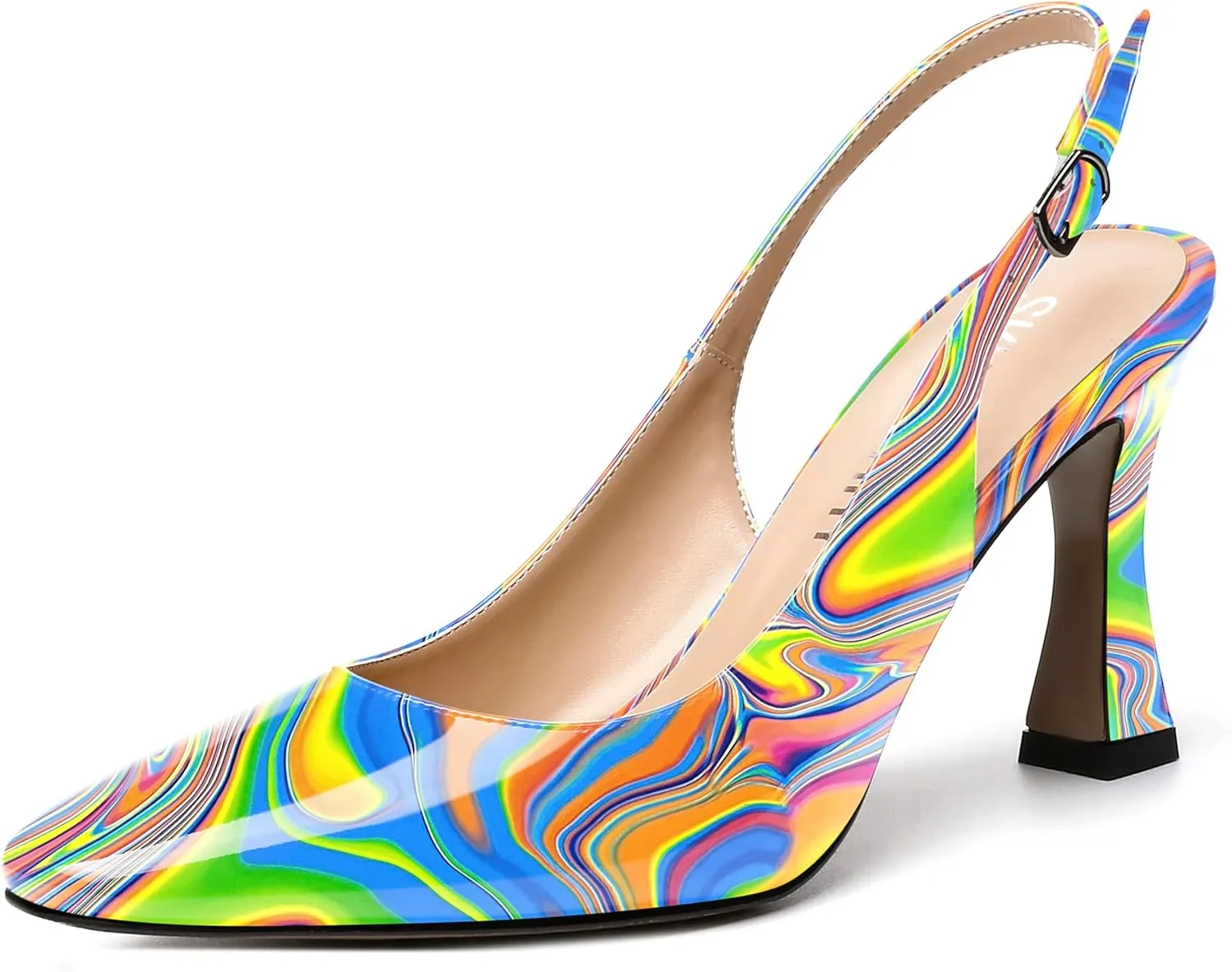 SKYSTERRY Women's Slingback Square Toe Patent Casual Dating Slip On Spool High Heel Pumps Shoes 3.3 Inch