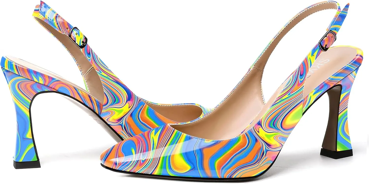 SKYSTERRY Women's Slingback Square Toe Patent Casual Dating Slip On Spool High Heel Pumps Shoes 3.3 Inch