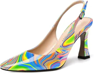 SKYSTERRY Women's Slingback Square Toe Patent Casual Dating Slip On Spool High Heel Pumps Shoes 3.3 Inch