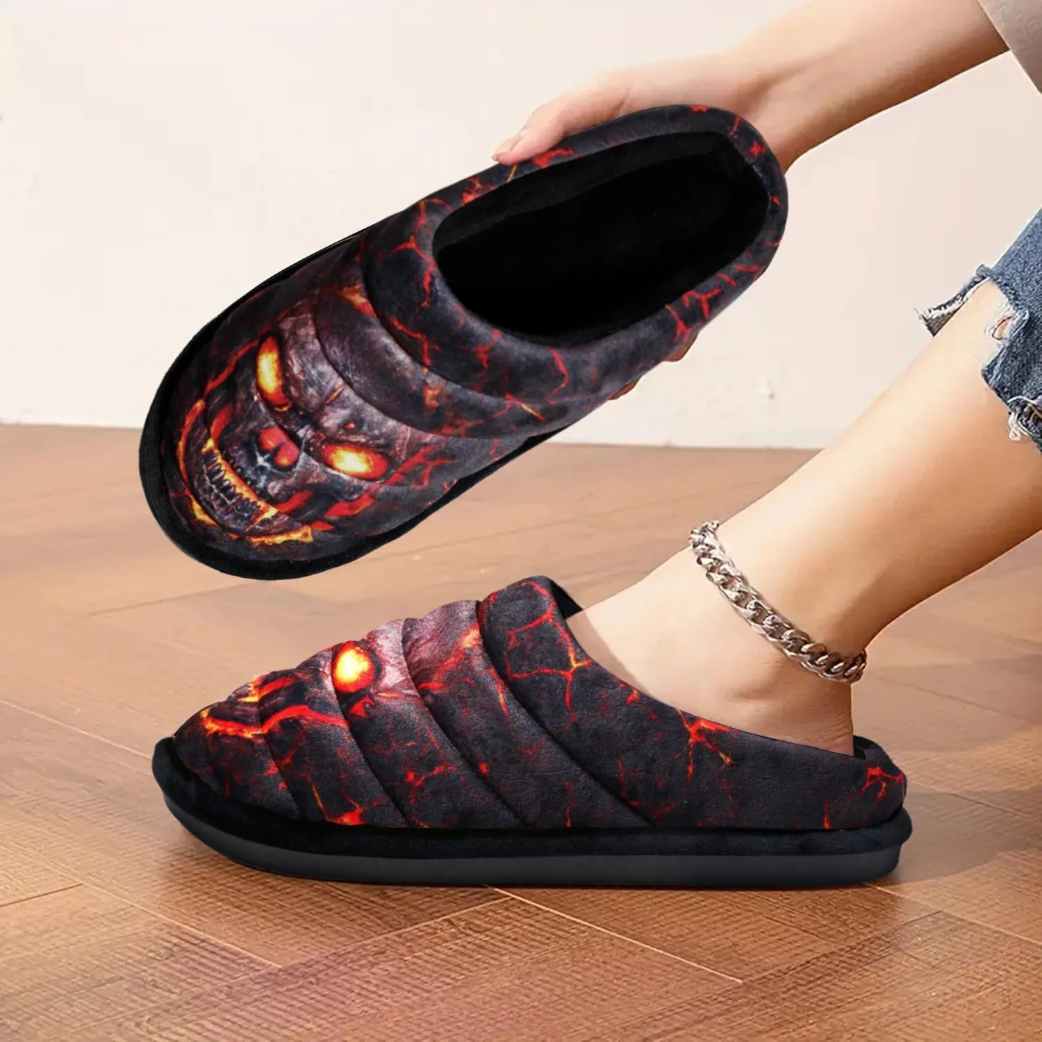 Slippers for Women Skull Memory Foam Slippers Warm Soft Ladies House Shoes with Non-Slip Rubber Soles
