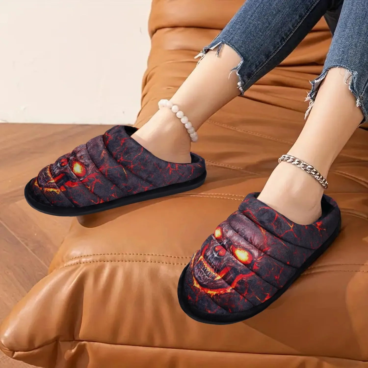 Slippers for Women Skull Memory Foam Slippers Warm Soft Ladies House Shoes with Non-Slip Rubber Soles