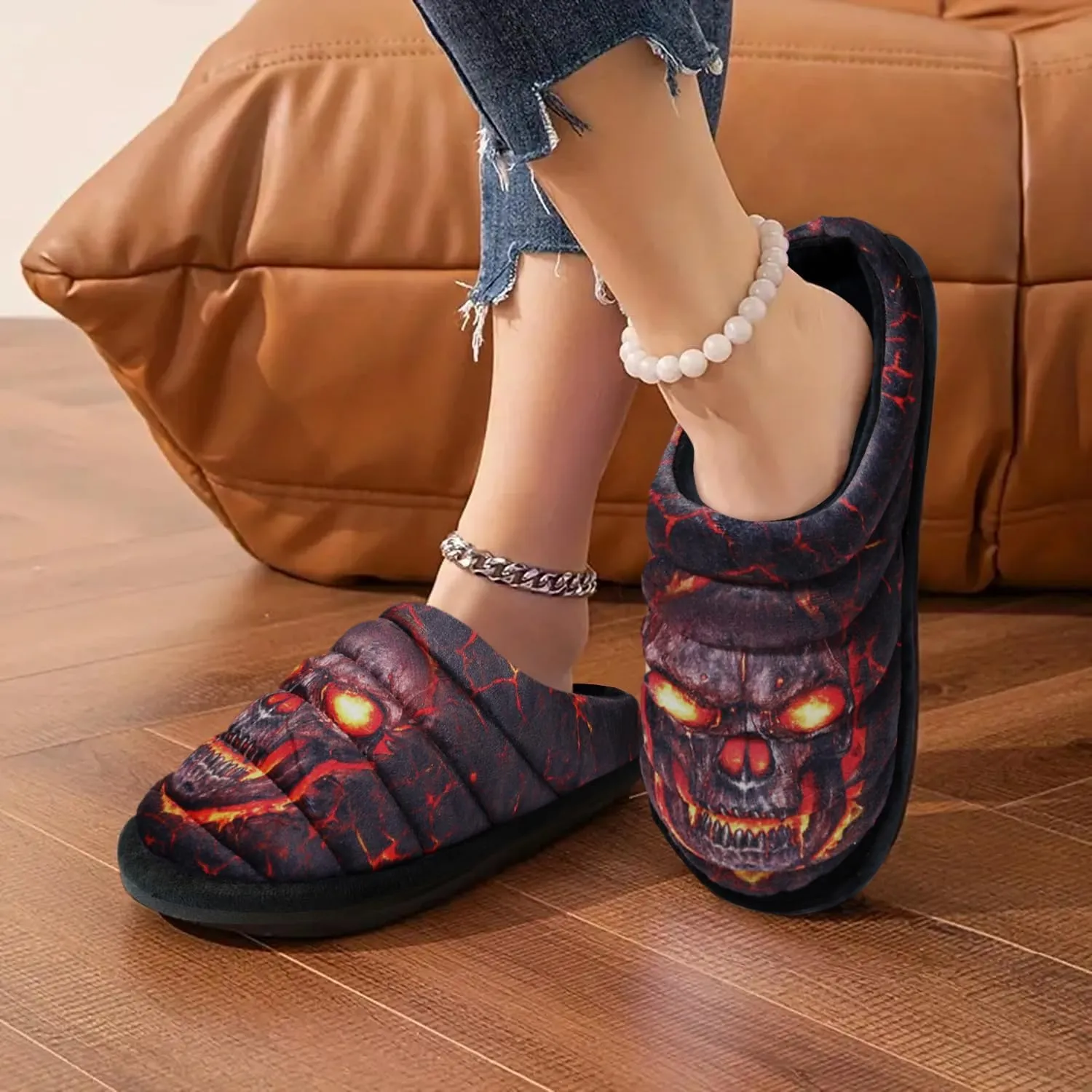 Slippers for Women Skull Memory Foam Slippers Warm Soft Ladies House Shoes with Non-Slip Rubber Soles