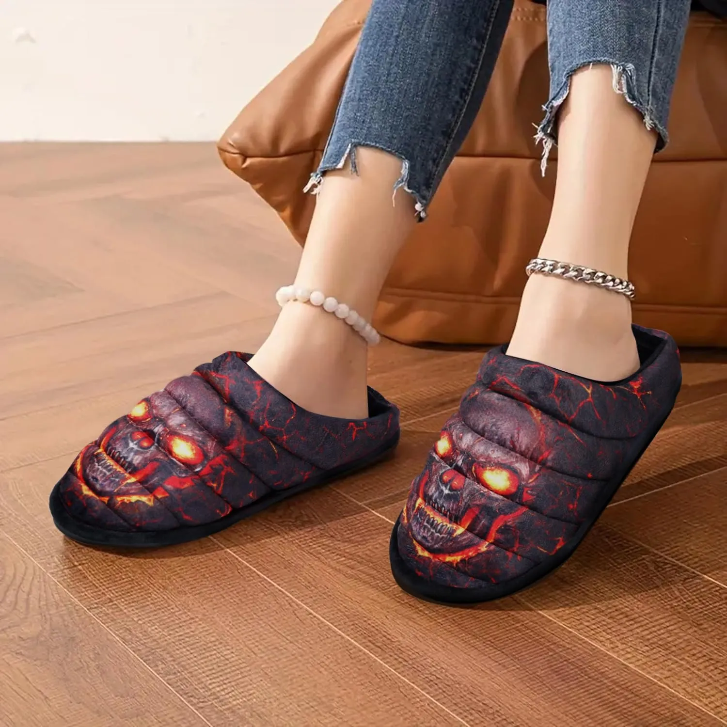 Slippers for Women Skull Memory Foam Slippers Warm Soft Ladies House Shoes with Non-Slip Rubber Soles