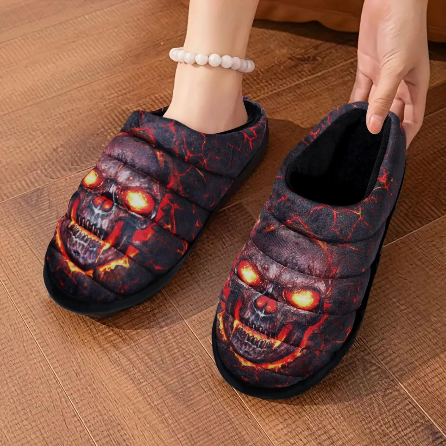 Slippers for Women Skull Memory Foam Slippers Warm Soft Ladies House Shoes with Non-Slip Rubber Soles