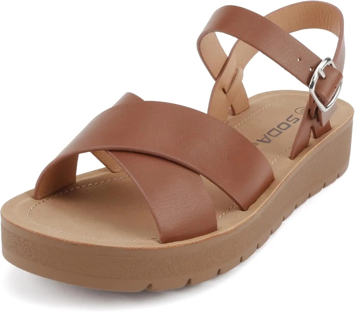 Soda CHESTER ~ Women Flat Sandals Flatform Ankle Buckle Criss Cross Band Straps Sandals Shoes