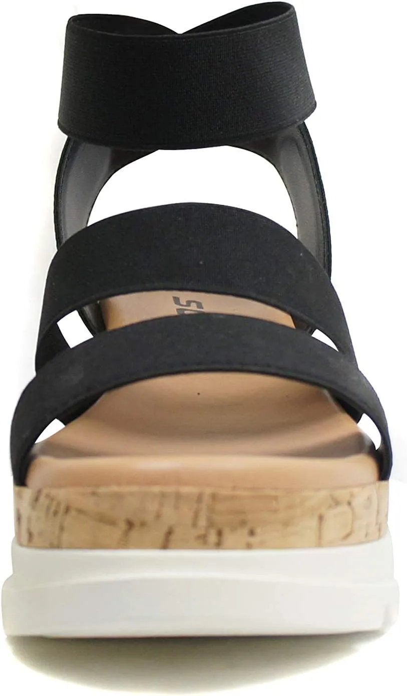 Soda Style Madyson ~ Slip On Open Toe Two Bands Elastic Ankle Strap Flatform Wedge Casual Fashion Sandal with Cork Wrap Bottom