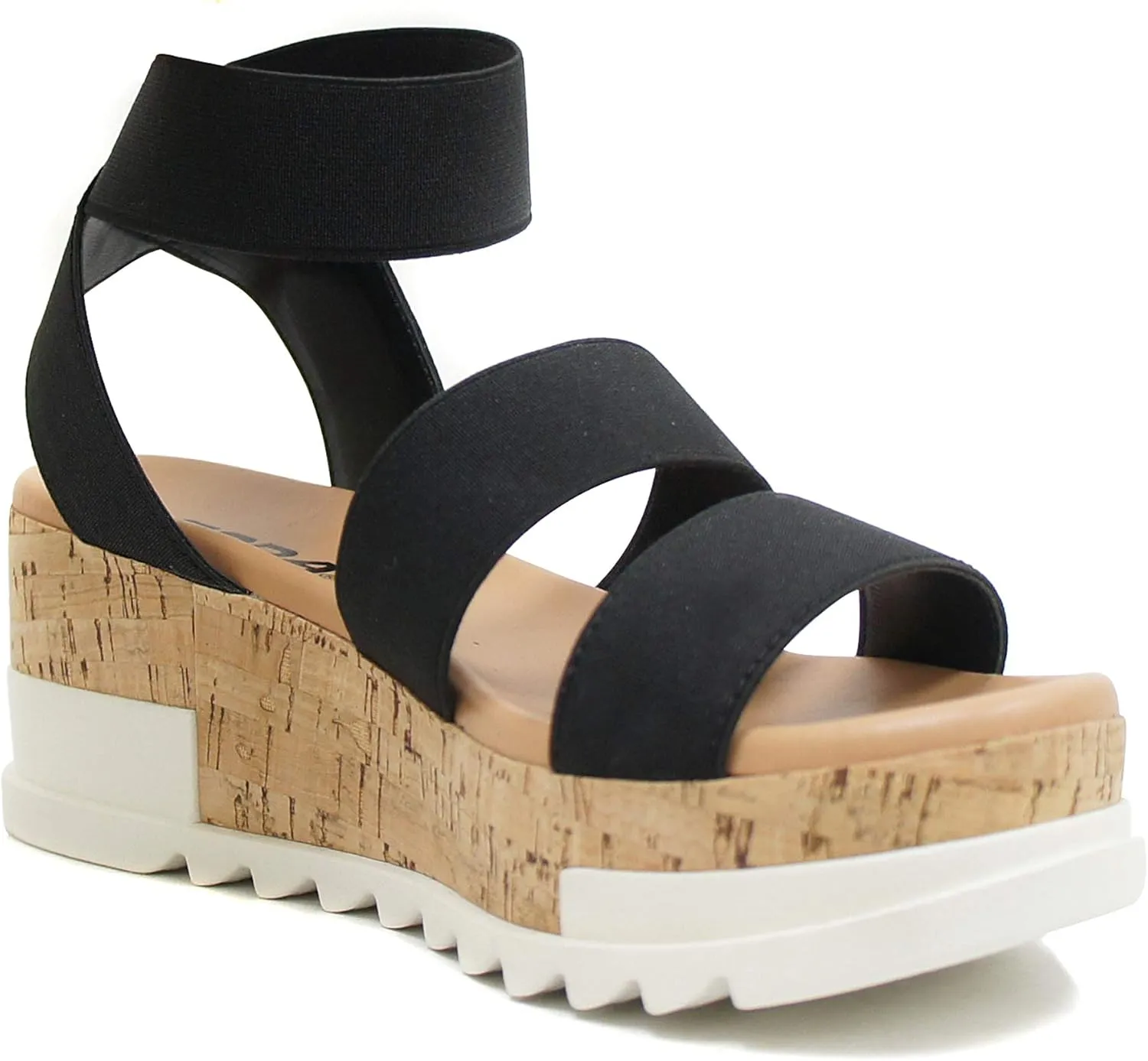 Soda Style Madyson ~ Slip On Open Toe Two Bands Elastic Ankle Strap Flatform Wedge Casual Fashion Sandal with Cork Wrap Bottom