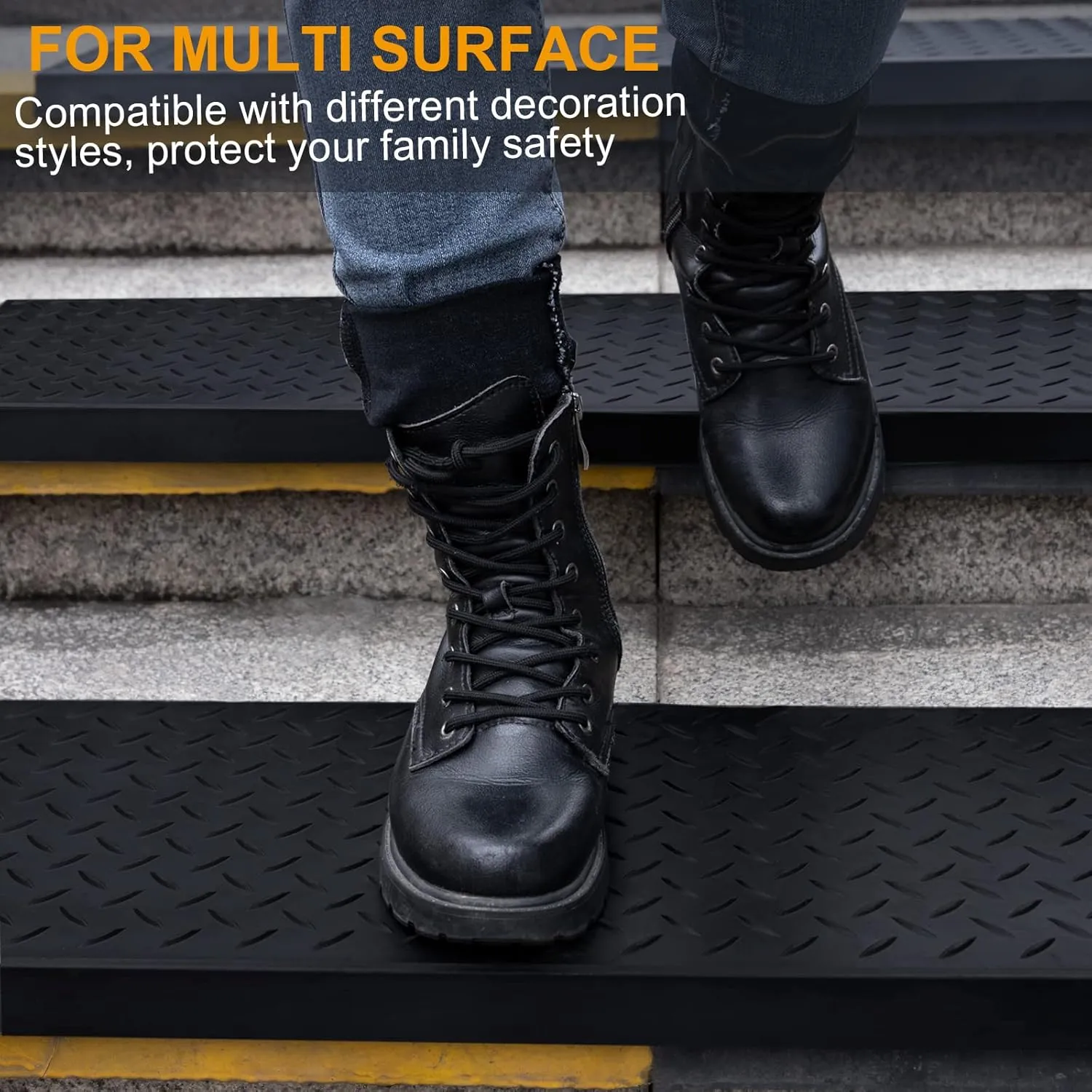 Spurtar 35" x 10" Rubber Stair Treads, 3 Pack Non-Slip Outdoor Rubber Stair Treads for Wooden Steps with Nosing for Concrete Marble Tile Metal Steps, Black