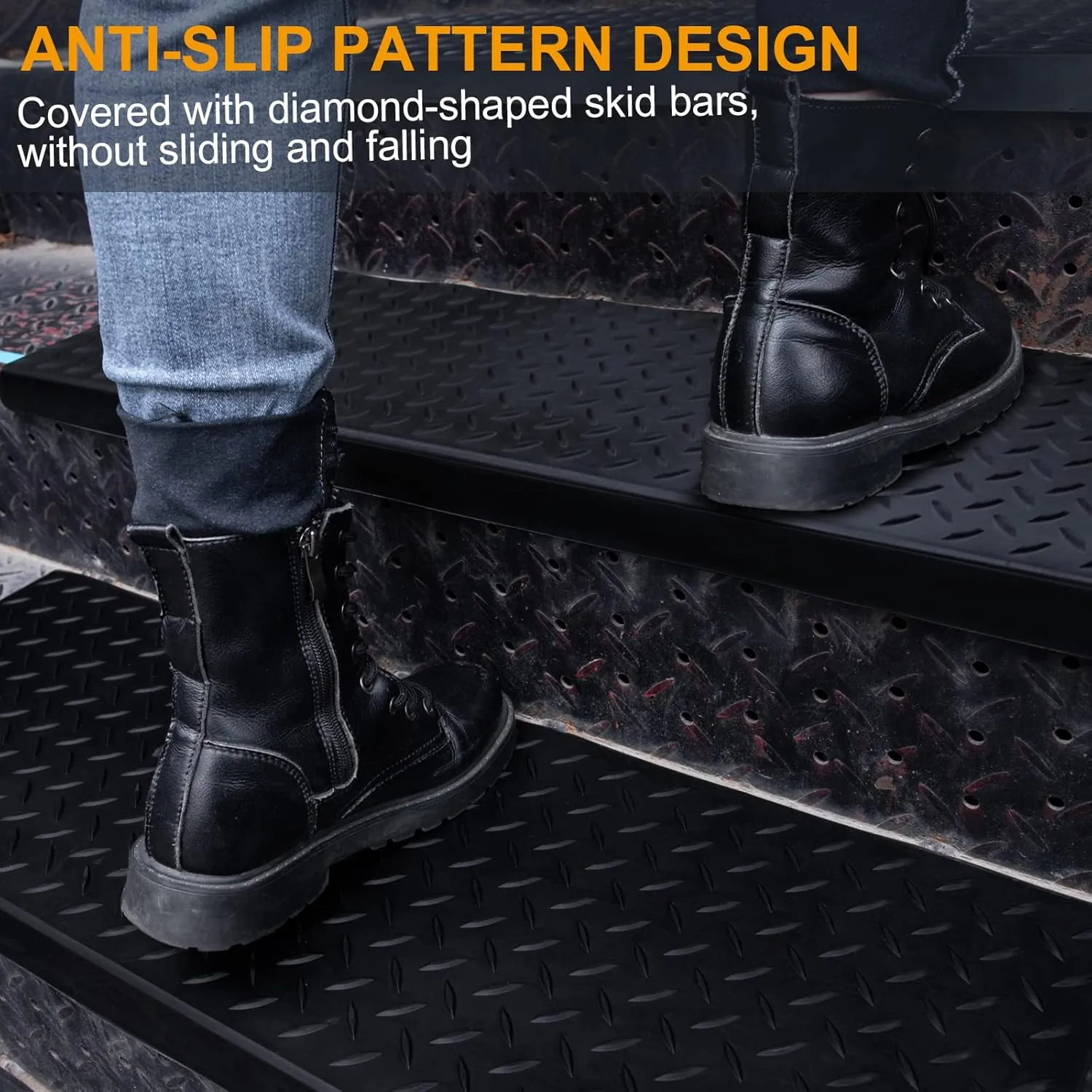 Spurtar 35" x 10" Rubber Stair Treads, 3 Pack Non-Slip Outdoor Rubber Stair Treads for Wooden Steps with Nosing for Concrete Marble Tile Metal Steps, Black