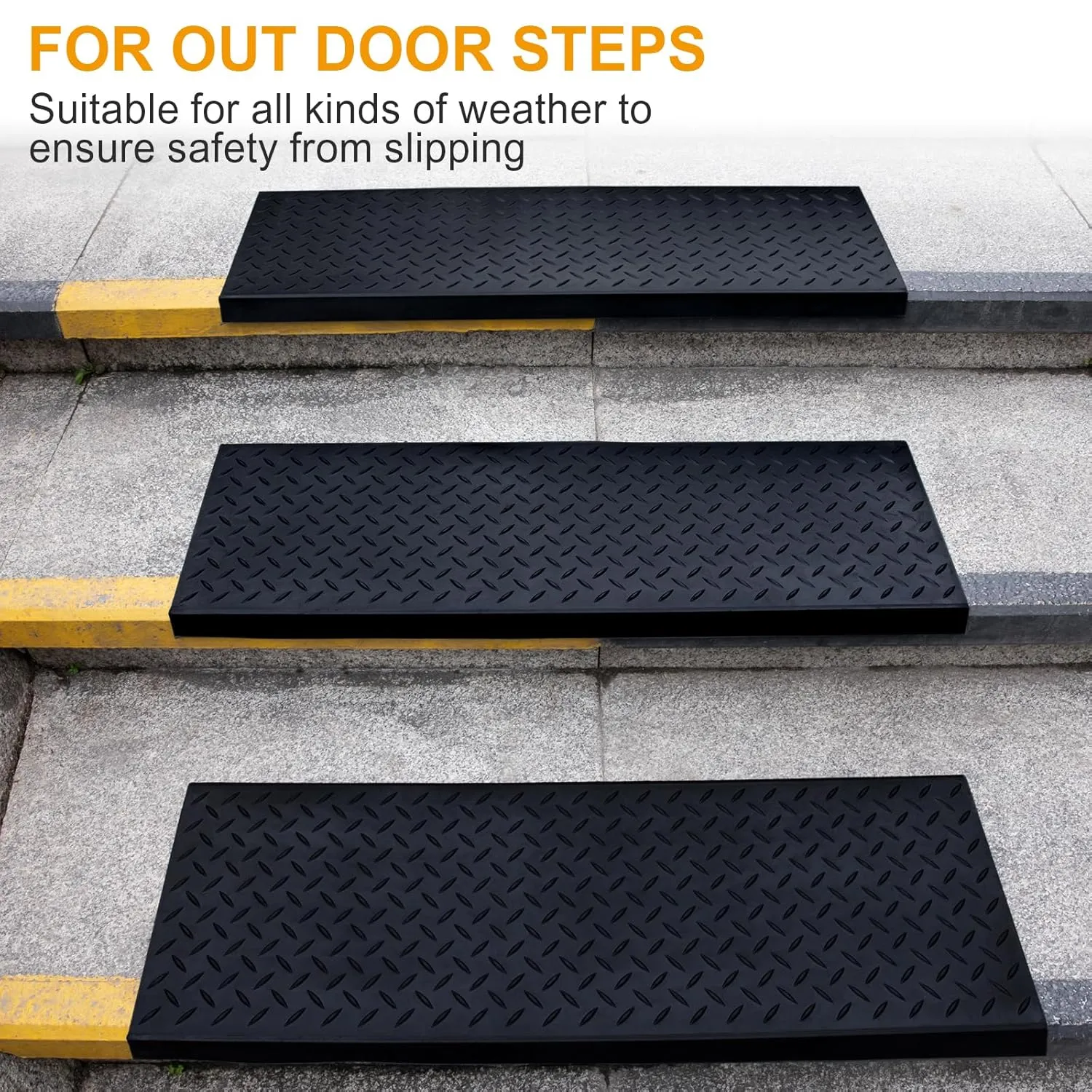 Spurtar 35" x 10" Rubber Stair Treads, 3 Pack Non-Slip Outdoor Rubber Stair Treads for Wooden Steps with Nosing for Concrete Marble Tile Metal Steps, Black