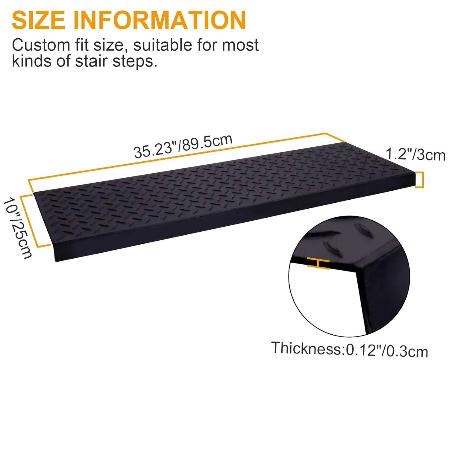 Spurtar 35" x 10" Rubber Stair Treads, 3 Pack Non-Slip Outdoor Rubber Stair Treads for Wooden Steps with Nosing for Concrete Marble Tile Metal Steps, Black