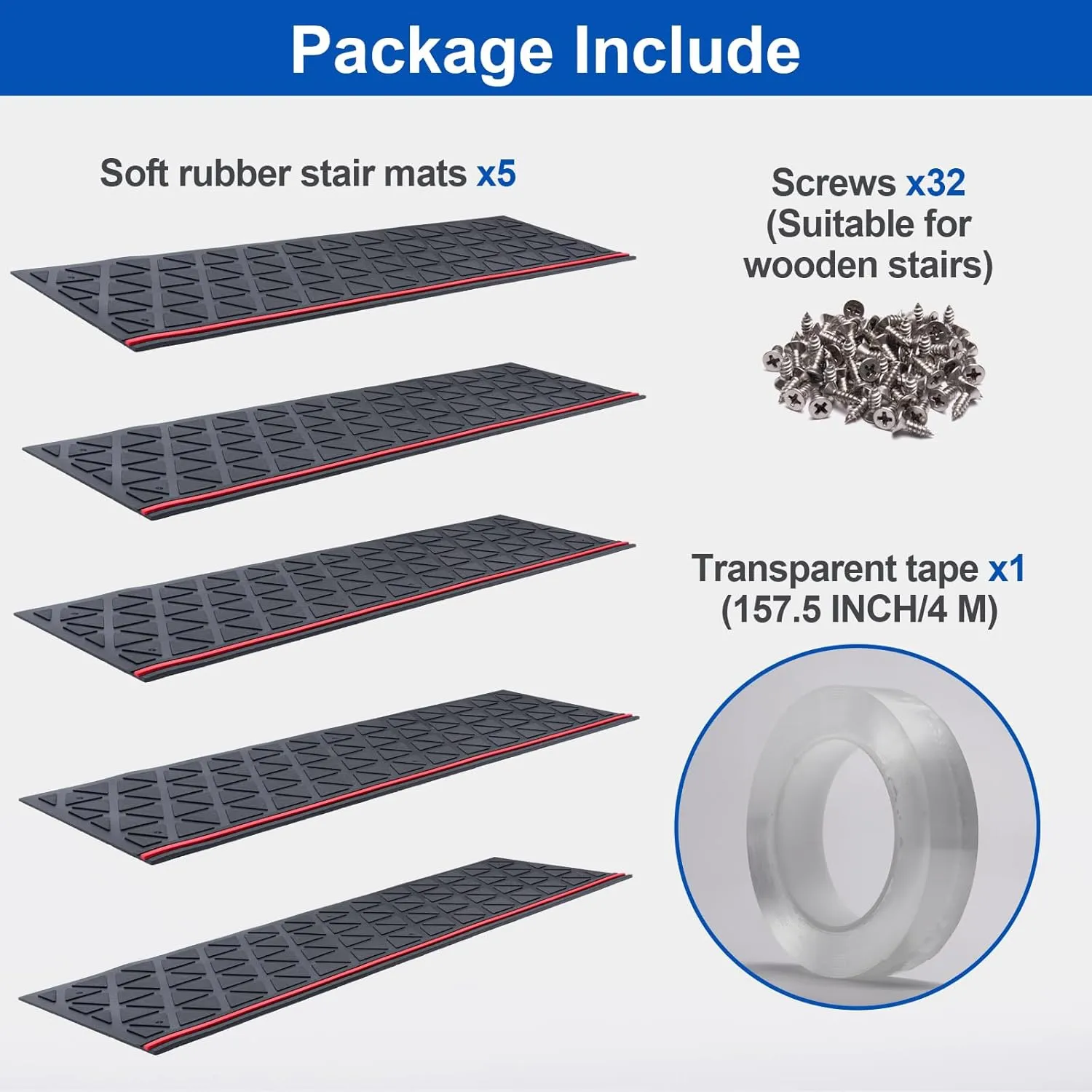Spurtar Rubber Stair Treads 35" x 10", 5 PCS Non-Slip Outdoor Stair Treads for Wooden Steps and Concrete Marble Tile Metal Steps