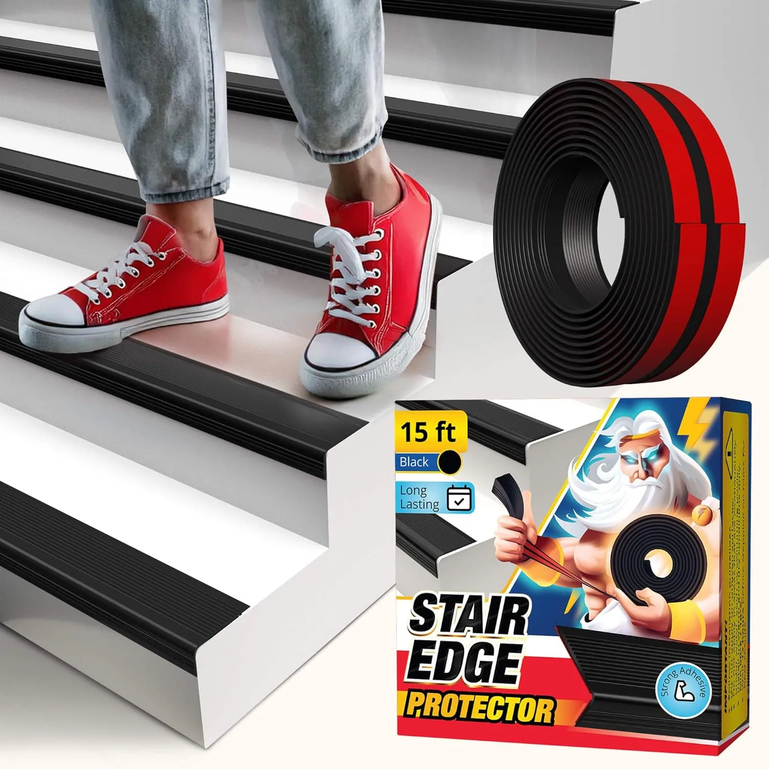Stair Edge Protector 15 Ft - Black Rubber Edge Trim for Steps - Vinyl Stair Nose Molding - Rubber Nose Trim - Fit for Indoor and Outdoor - Non Slip and Waterproof