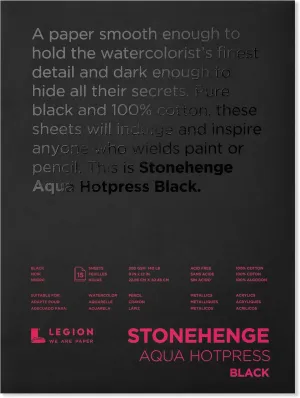 Stonehenge Aqua Black Medium Weight Pad, 140lb, Hotpress, 9 x 12 Inches, 15 Sheets for Wet and Dry Media