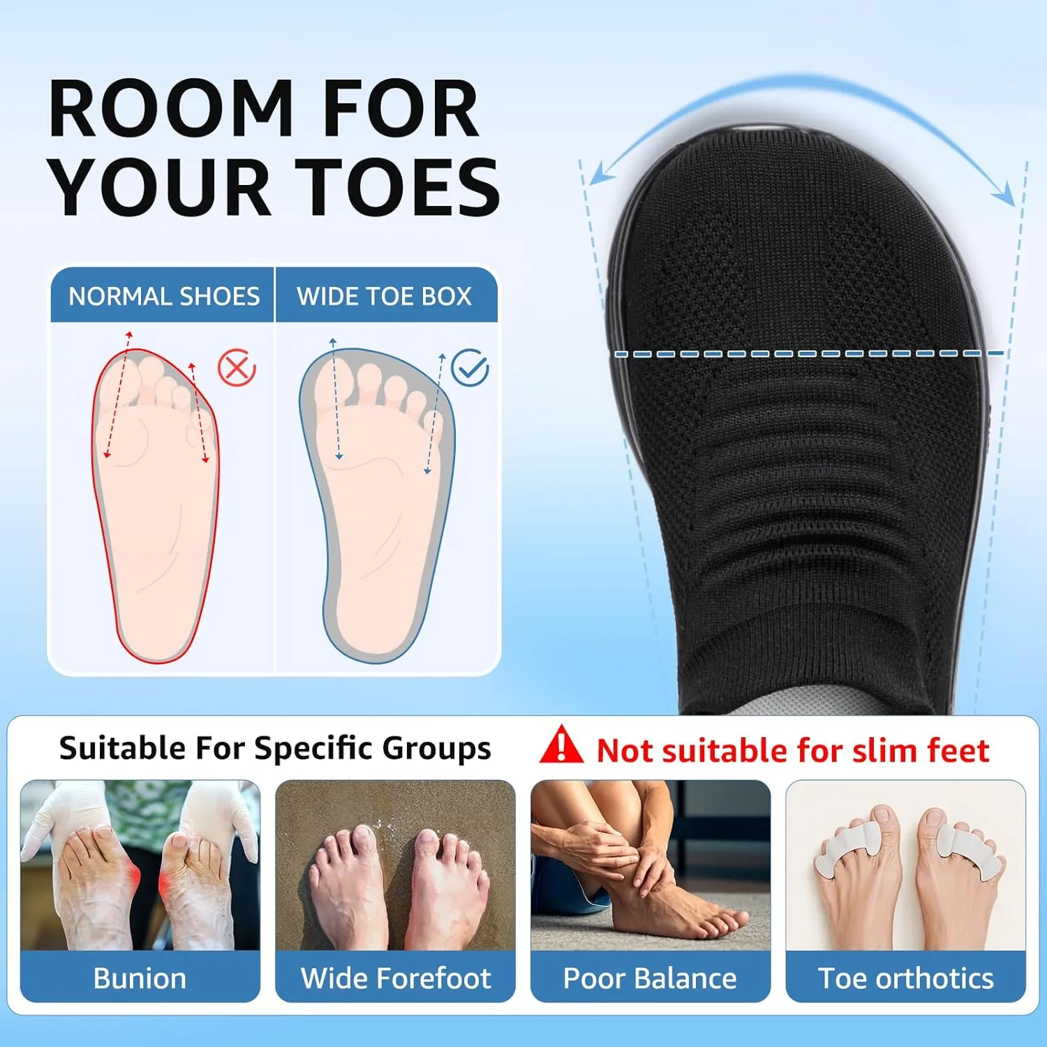 STQ Wide Toe Box Walking Shoes Women : Sock Orthopedic Slip On Shoe, Non-Slip Comfort Mesh Diabetic Sneakers for Plantar Fasciitis Relief, Bunions