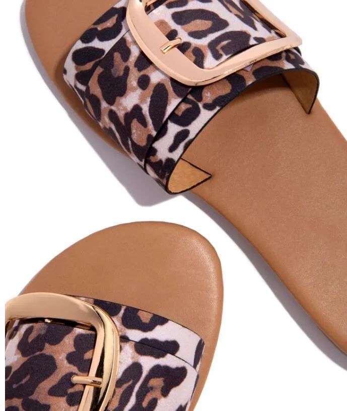 Summer Flat Leopard Print Buckle Sandals