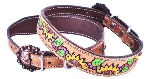Sunflowers & Cactus Hand Painted Leather Dog Collar