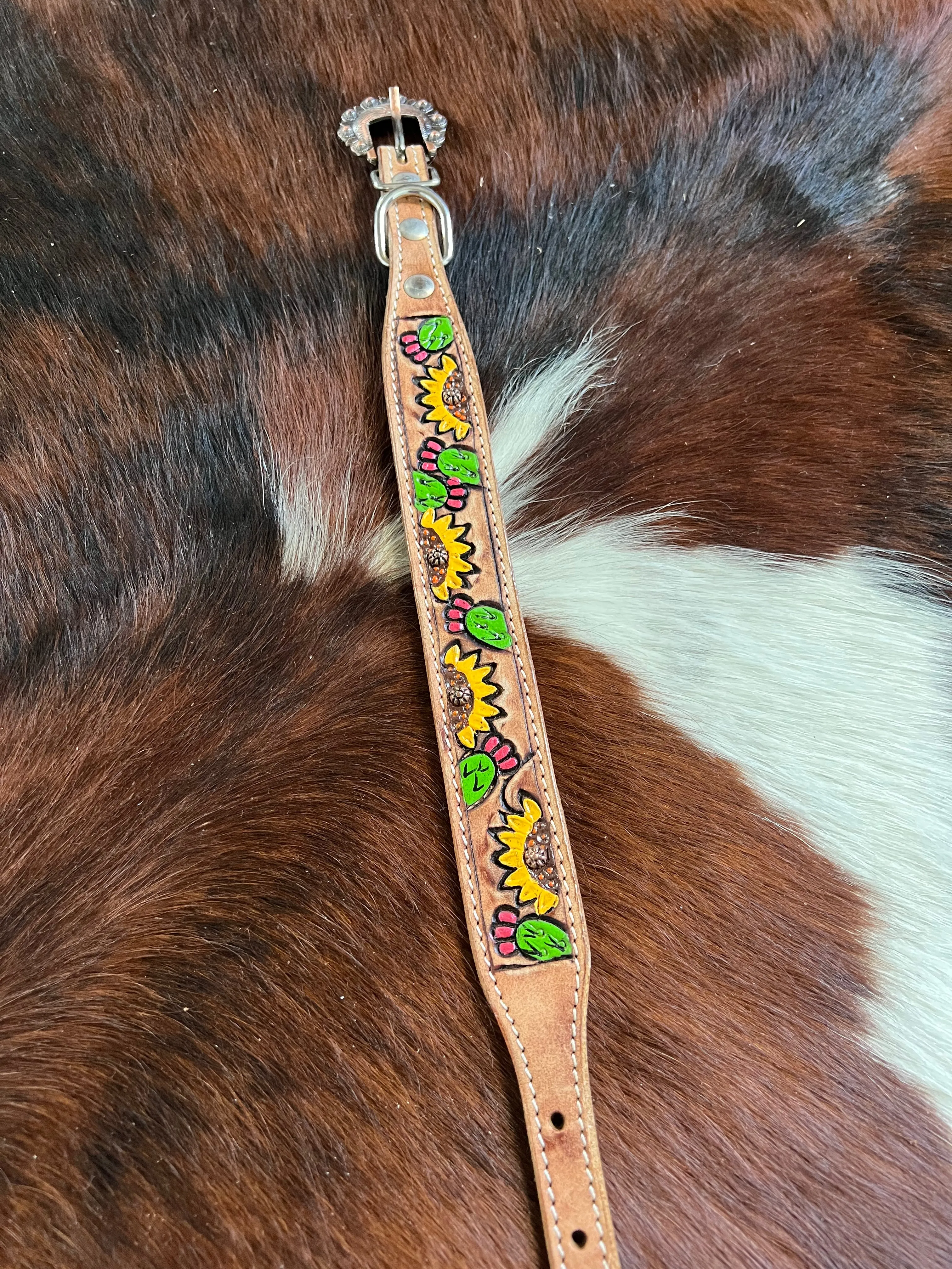 Sunflowers & Cactus Hand Painted Leather Dog Collar
