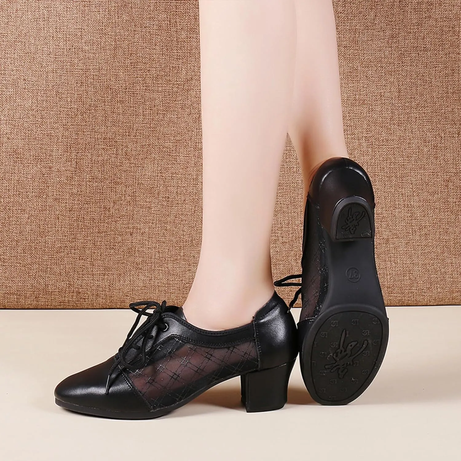 SWDZM Leather Ballroom Dance Practice Shoes for Women Lace-up Teaching Rhythm Dance Shoes with Mesh