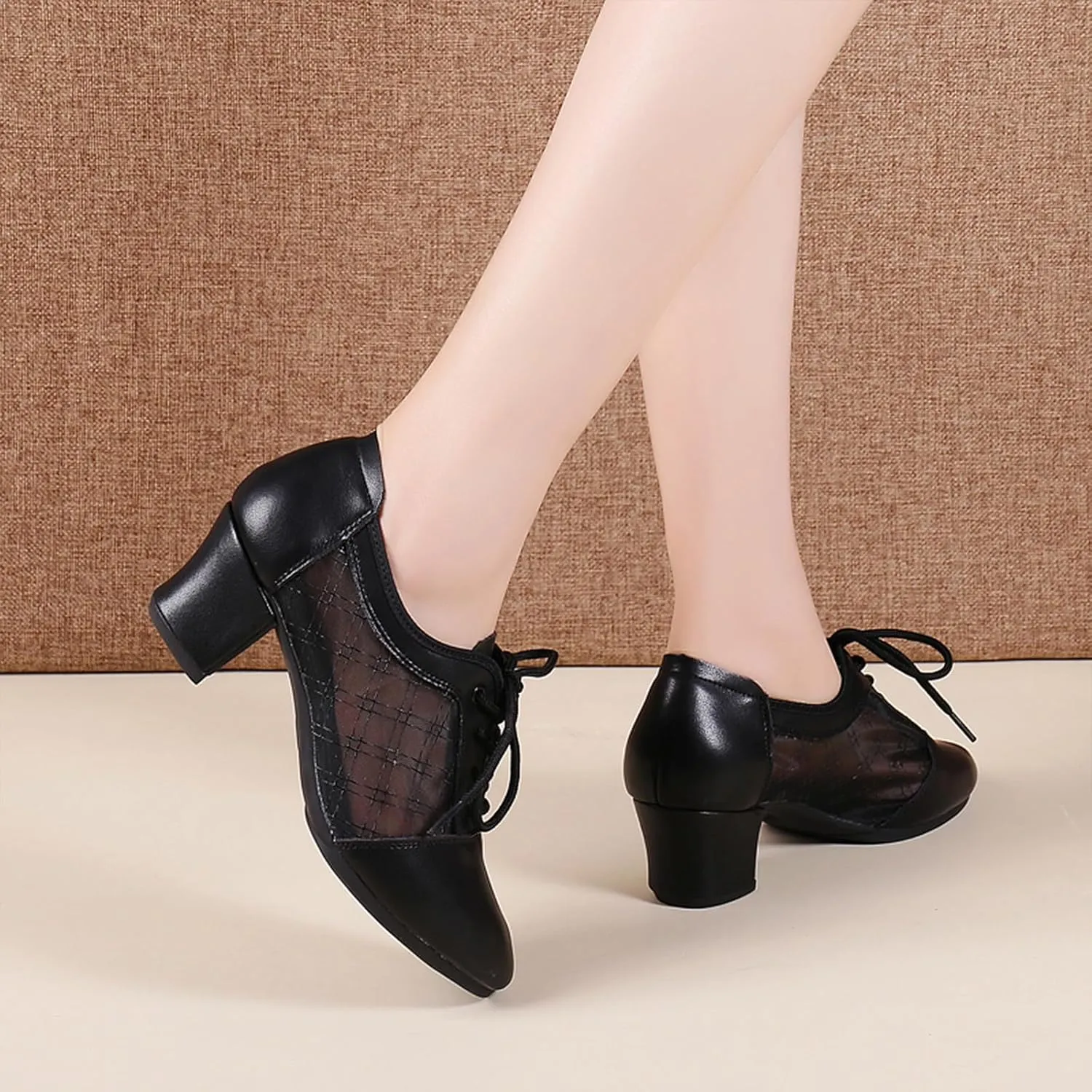 SWDZM Leather Ballroom Dance Practice Shoes for Women Lace-up Teaching Rhythm Dance Shoes with Mesh