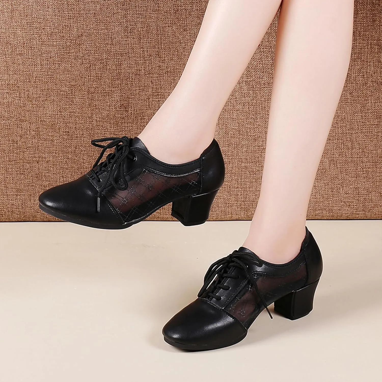 SWDZM Leather Ballroom Dance Practice Shoes for Women Lace-up Teaching Rhythm Dance Shoes with Mesh