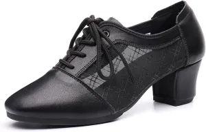 SWDZM Leather Ballroom Dance Practice Shoes for Women Lace-up Teaching Rhythm Dance Shoes with Mesh
