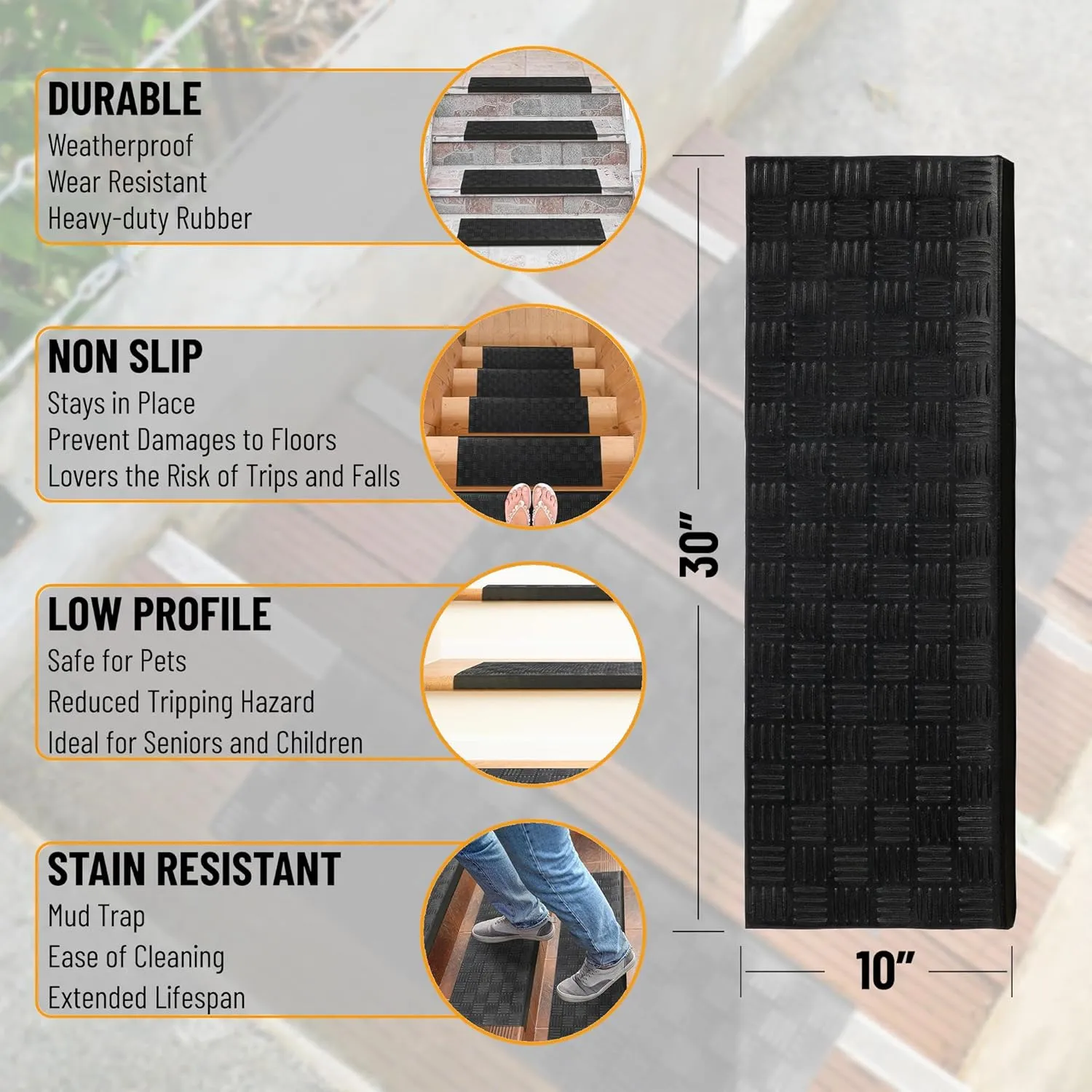 Sweet Home Stores Rubber Collection Rubber Collection Non-Slip Bullnose Design Stair Treads, 10" X 30", 5 Pack, Black