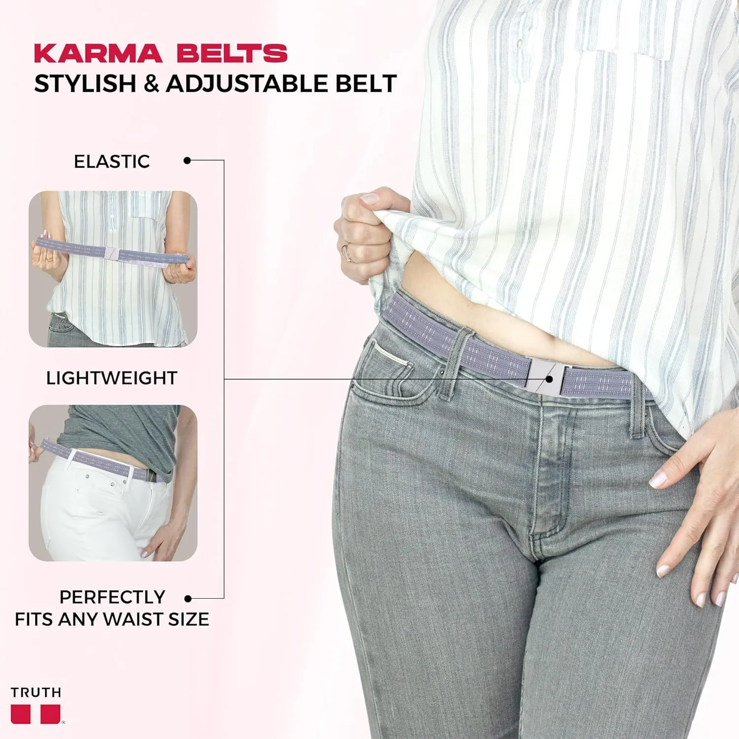 Truth Elastic Belts for Women & Men, No Show Flat Buckle KARMA Belts, Invisible Stretch Belts for Jeans, Pants and Plus Sizes