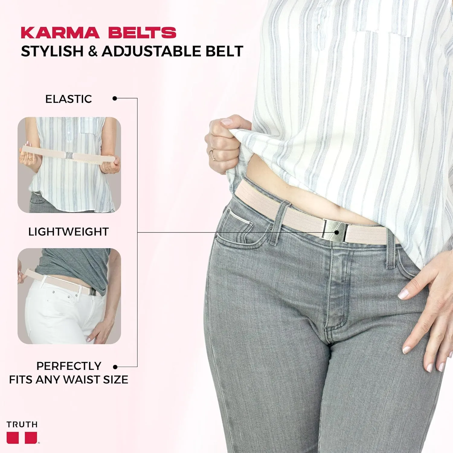 Truth Elastic Belts for Women & Men, No Show Flat Buckle KARMA Belts, Invisible Stretch Belts for Jeans, Pants and Plus Sizes