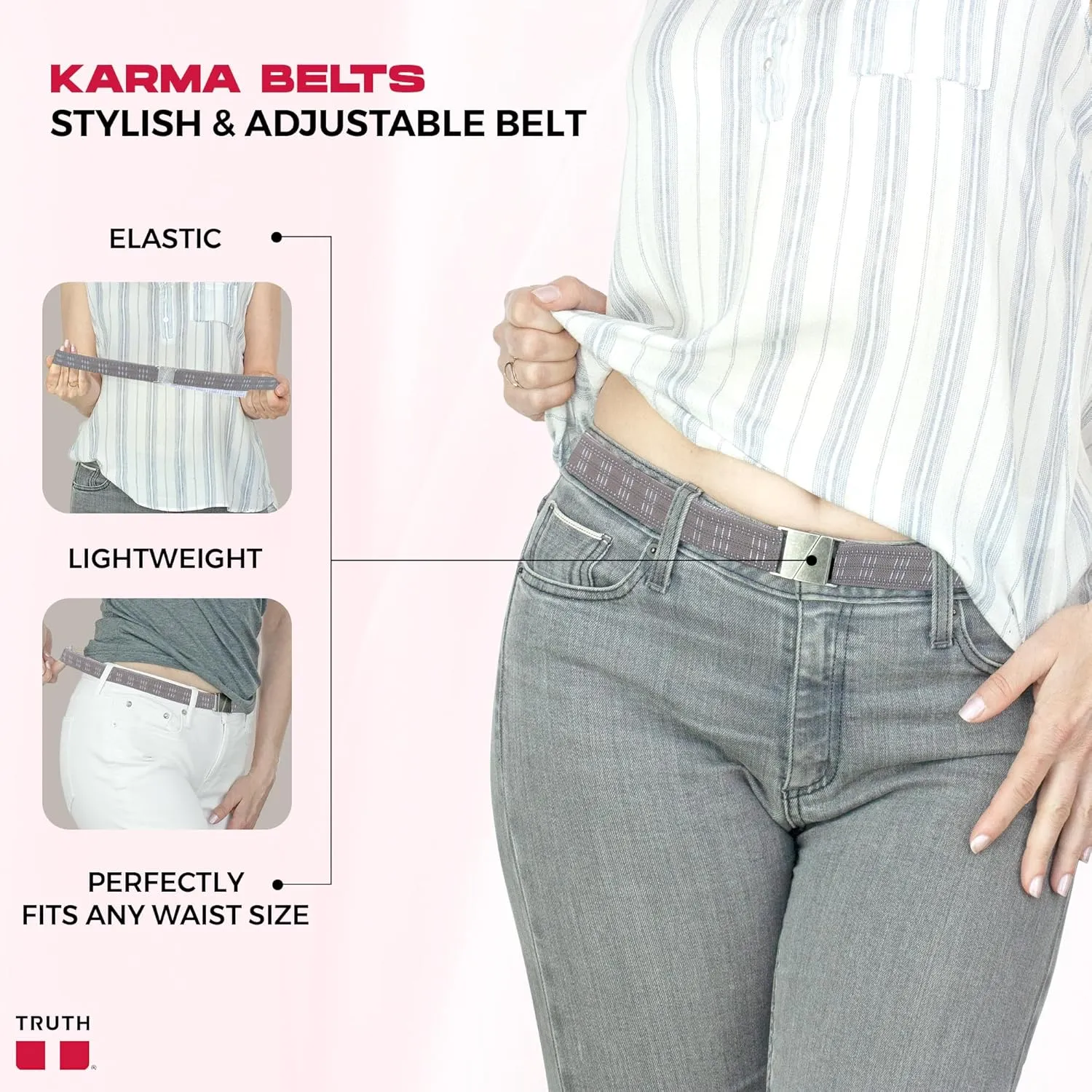 Truth Elastic Belts for Women & Men, No Show Flat Buckle KARMA Belts, Invisible Stretch Belts for Jeans, Pants and Plus Sizes