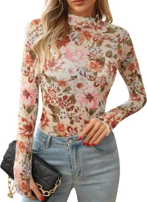 Ugerlov Womens Lace Long Sleeve Mesh Top Floral Mock Neck See Through Going Out Top with Thumb Hole Party Outfits Shirts