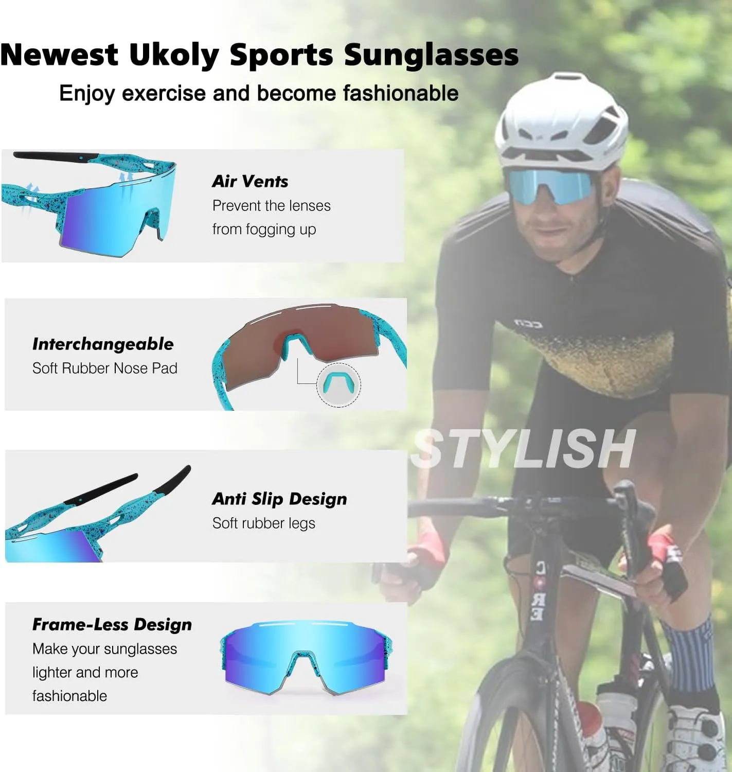 Ukoly Cycling Sunglasses for Men Women with 3 Interchangeable Lenses, Polarized Sports Sunglasses, Baseball Sunglasses