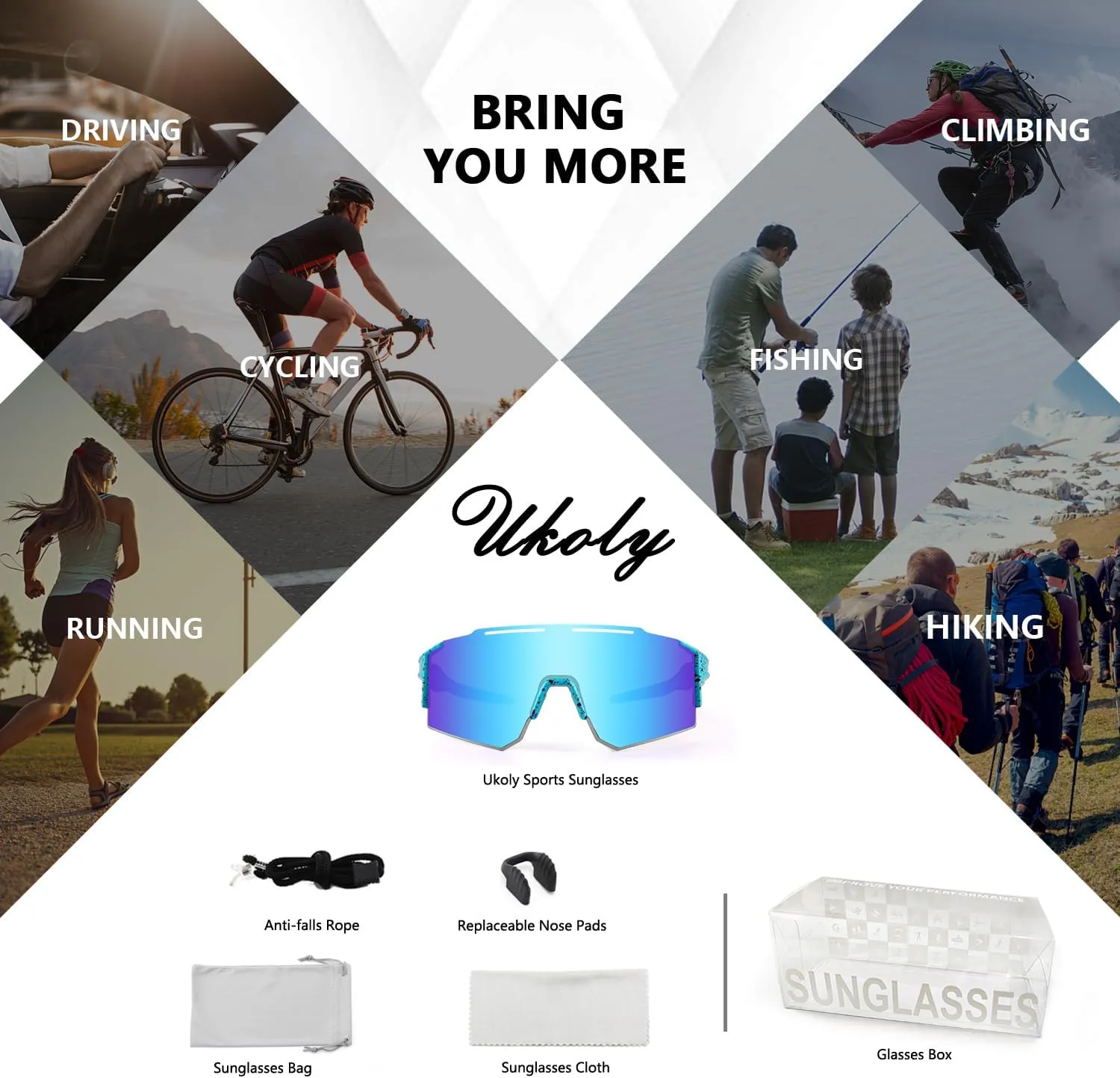 Ukoly Cycling Sunglasses for Men Women with 3 Interchangeable Lenses, Polarized Sports Sunglasses, Baseball Sunglasses