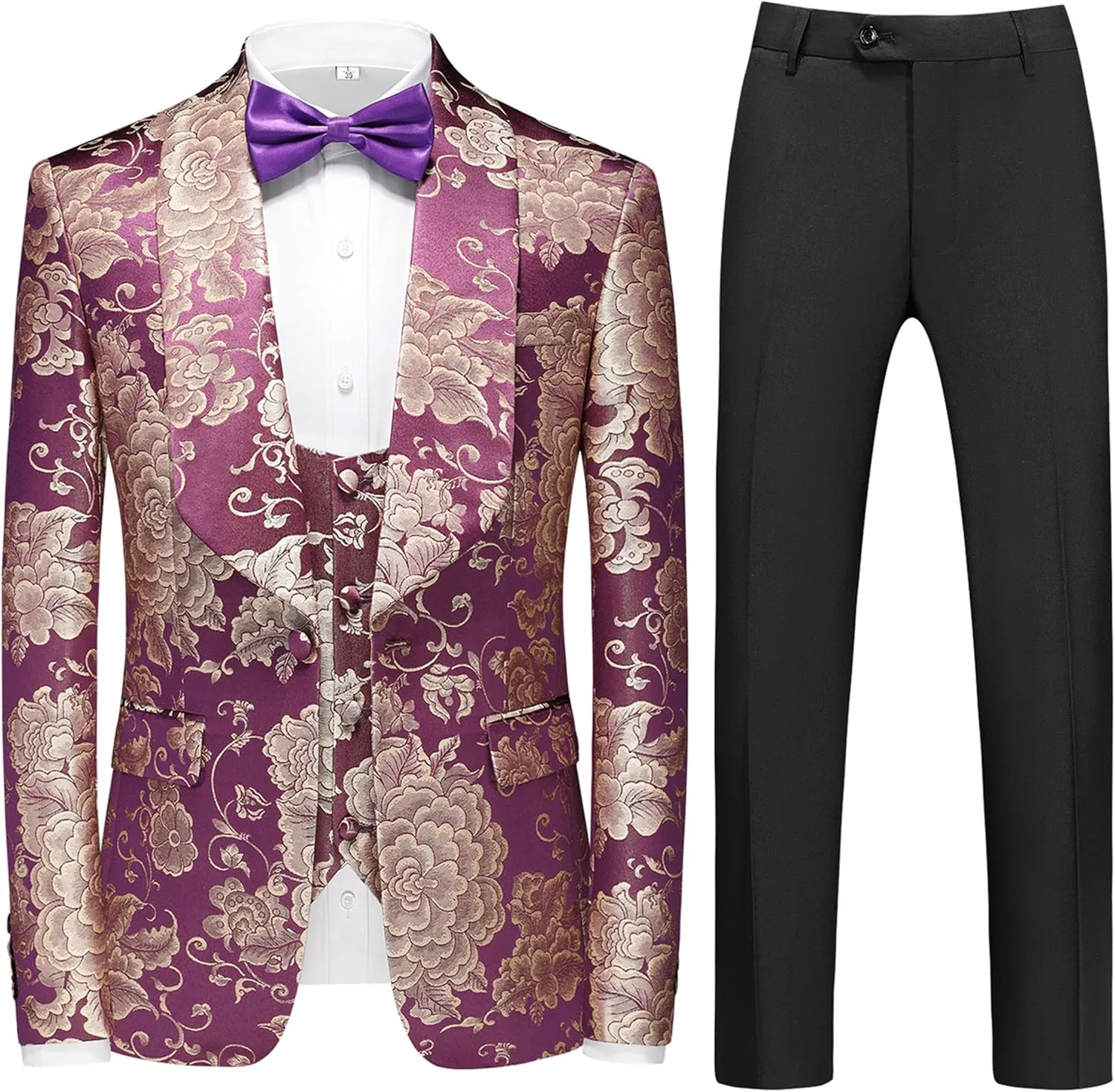 UNINUKOO Mens Suits Slim Fit 3 Piece Jacquard Suit 1 Button Shawl Collar Wedding Formal Tuxedo for Men